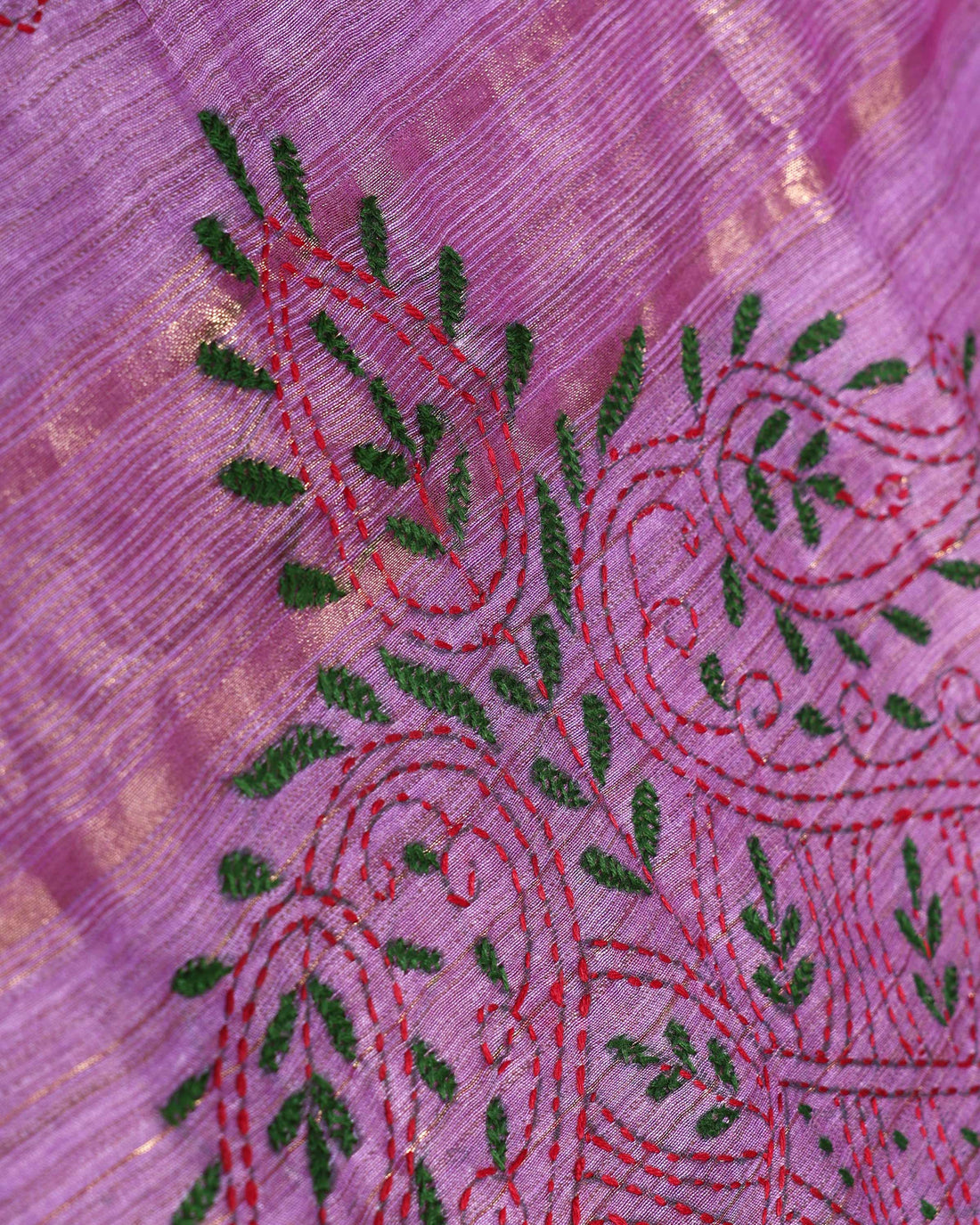 Elegant Kantha Hand Embroidered Saree with Intricate Geometric Motif and Contrast Border - Purple