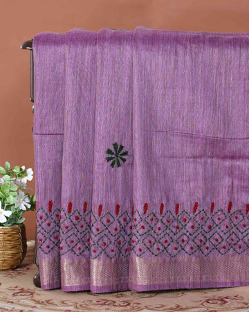 Elegant Kantha Hand Embroidered Saree with Intricate Geometric Motif and Contrast Border - Purple
