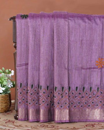 Elegant Kantha Hand Embroidered Saree with Intricate Geometric Motif and Contrast Border - Purple