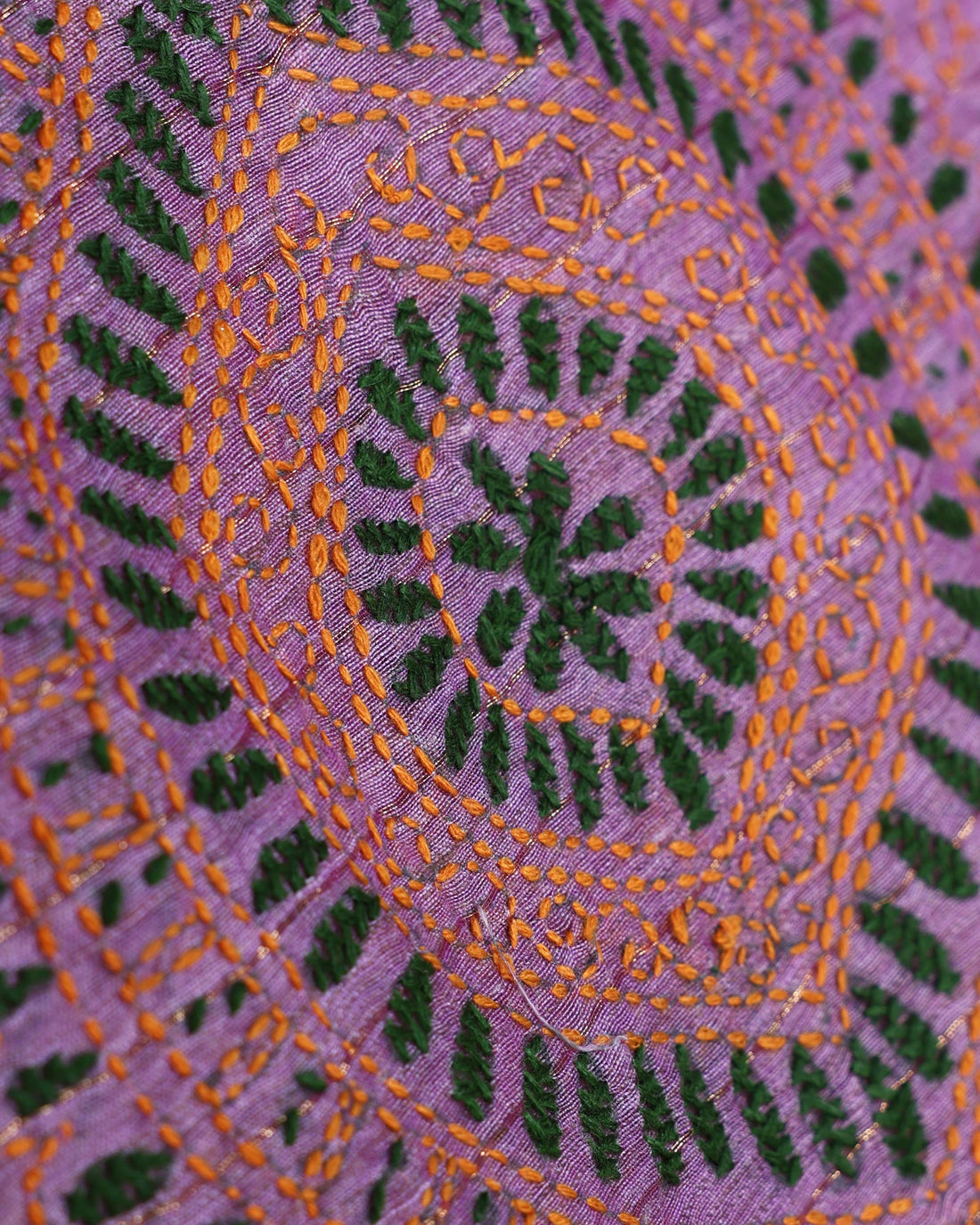 Elegant Kantha Hand Embroidered Saree with Intricate Geometric Motif and Contrast Border - Purple