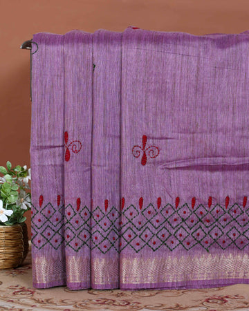 Elegant Kantha Hand Embroidered Saree with Intricate Geometric Motif and Contrast Border - Purple