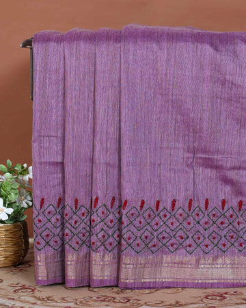 Elegant Kantha Hand Embroidered Saree with Intricate Geometric Motif and Contrast Border - Purple