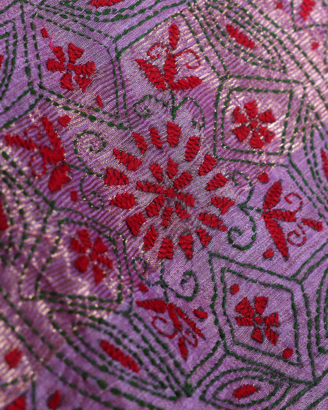 Elegant Kantha Hand Embroidered Saree with Intricate Geometric Motif and Contrast Border - Purple