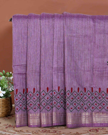 Elegant Kantha Hand Embroidered Saree with Intricate Geometric Motif and Contrast Border - Purple