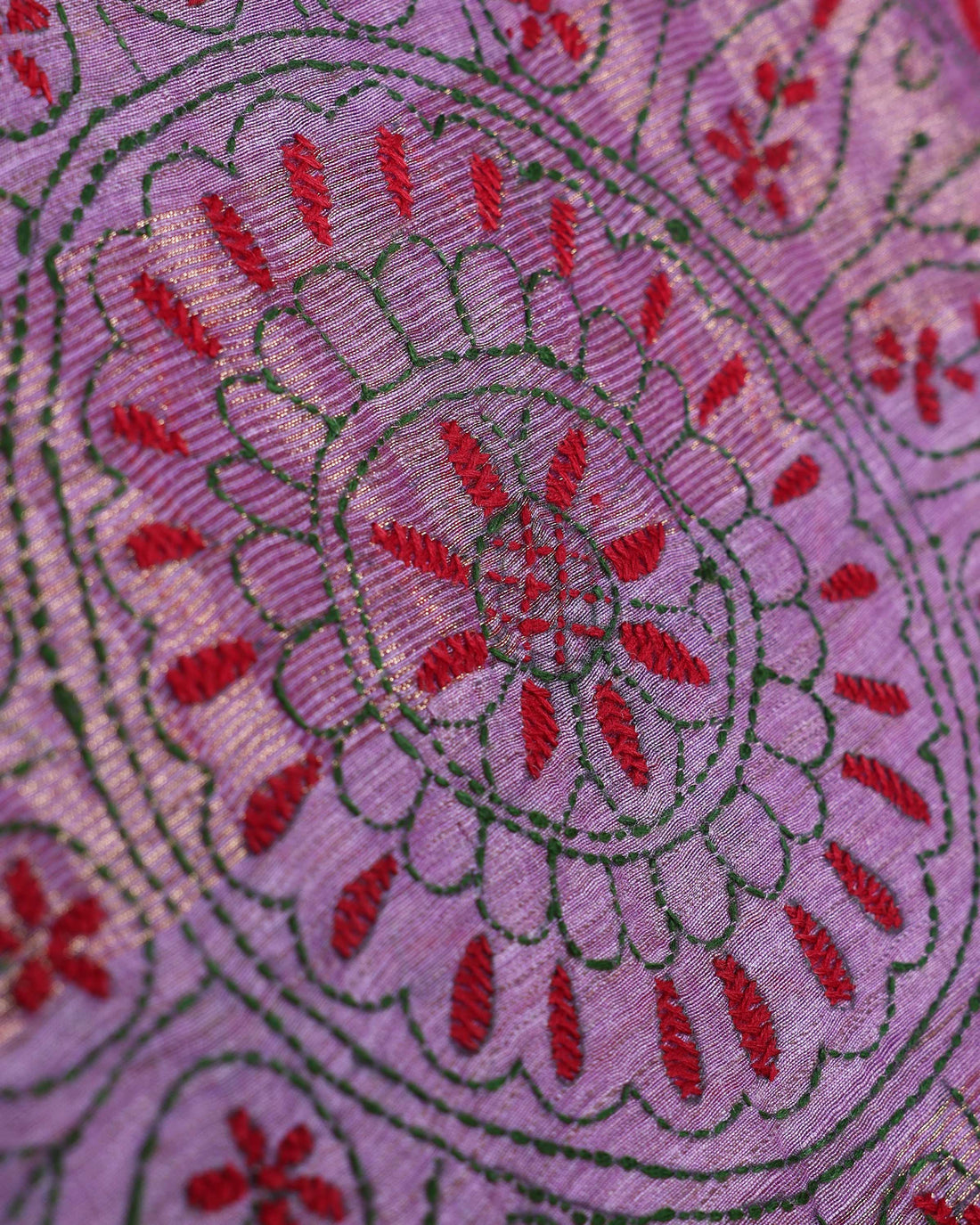Elegant Kantha Hand Embroidered Saree with Intricate Geometric Motif and Contrast Border - Purple
