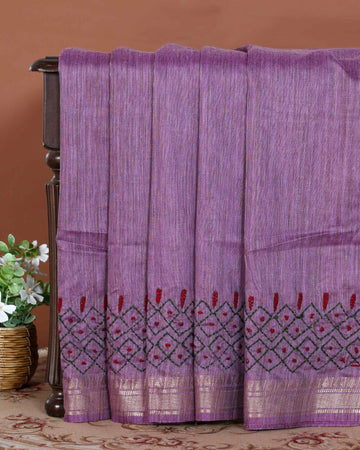 Elegant Kantha Hand Embroidered Saree with Intricate Geometric Motif and Contrast Border - Purple