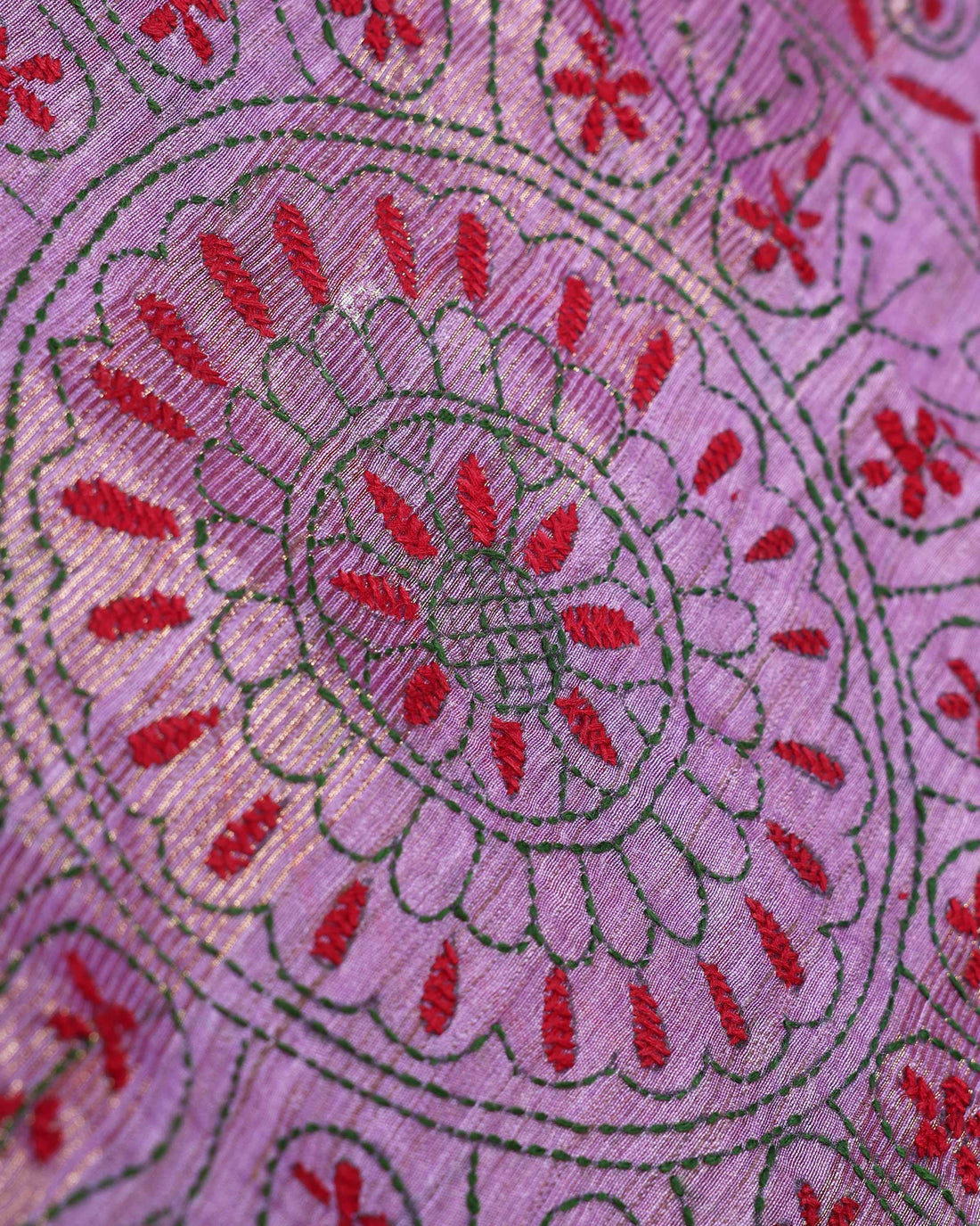 Elegant Kantha Hand Embroidered Saree with Intricate Geometric Motif and Contrast Border - Purple