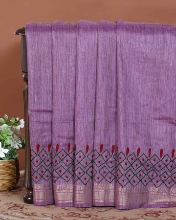Elegant Kantha Hand Embroidered Saree with Intricate Geometric Motif and Contrast Border - Purple
