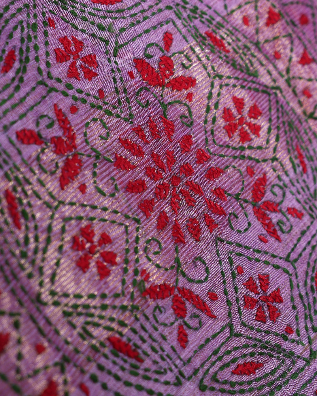 Elegant Kantha Hand Embroidered Saree with Intricate Geometric Motif and Contrast Border - Purple
