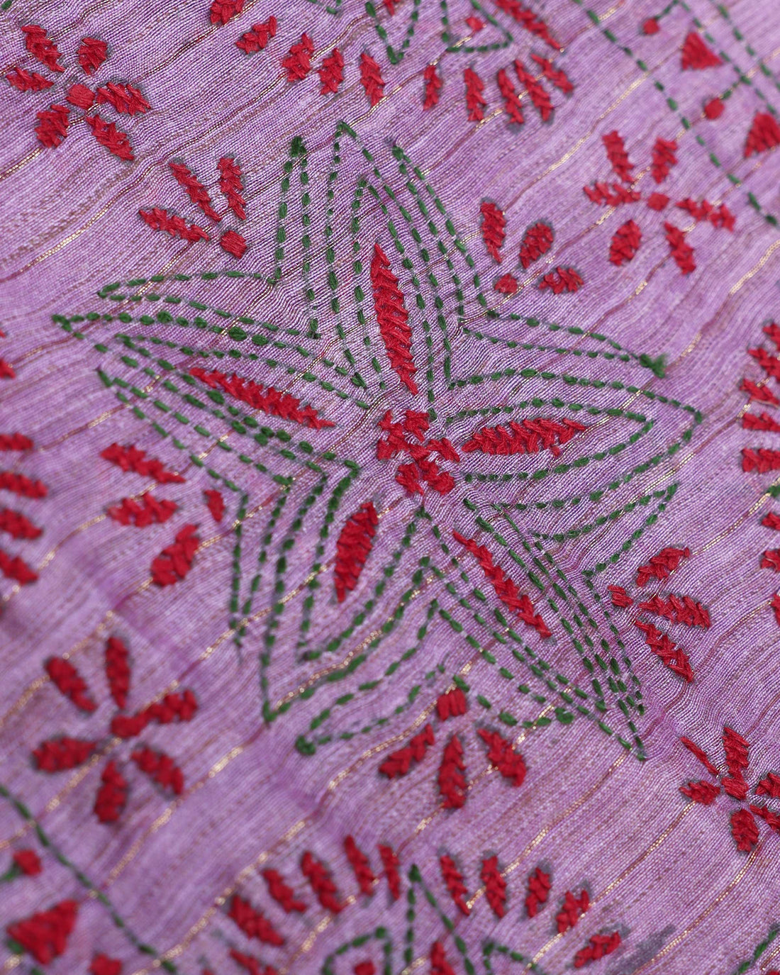 Elegant Kantha Hand Embroidered Saree with Intricate Geometric Motif and Contrast Border - Purple