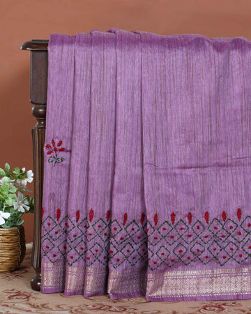 Elegant Kantha Hand Embroidered Saree with Intricate Geometric Motif and Contrast Border - Purple