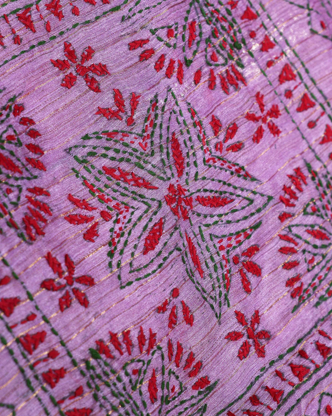 Elegant Kantha Hand Embroidered Saree with Intricate Geometric Motif and Contrast Border - Purple