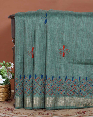 Elegant Kantha Hand Embroidered Saree with Intricate Geometric Motif and Contrast Border - Green