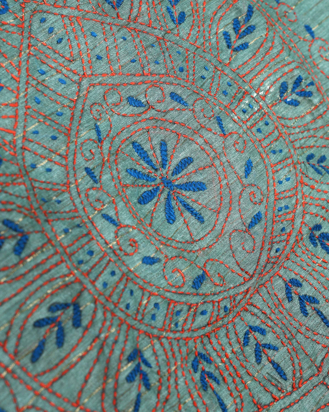 Elegant Kantha Hand Embroidered Saree with Intricate Geometric Motif and Contrast Border - Green