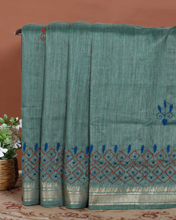 Elegant Kantha Hand Embroidered Saree with Intricate Geometric Motif and Contrast Border - Green