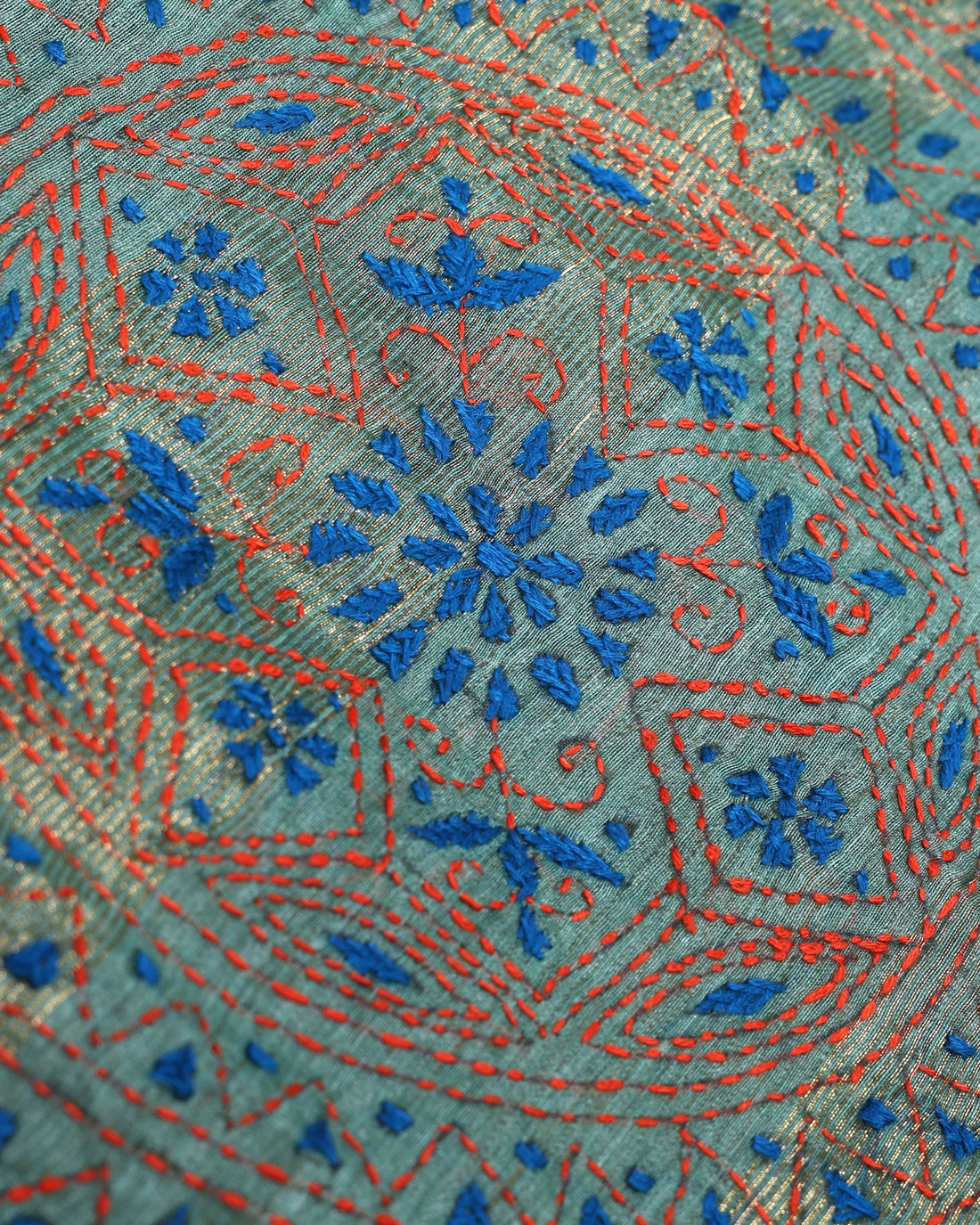 Elegant Kantha Hand Embroidered Saree with Intricate Geometric Motif and Contrast Border - Green