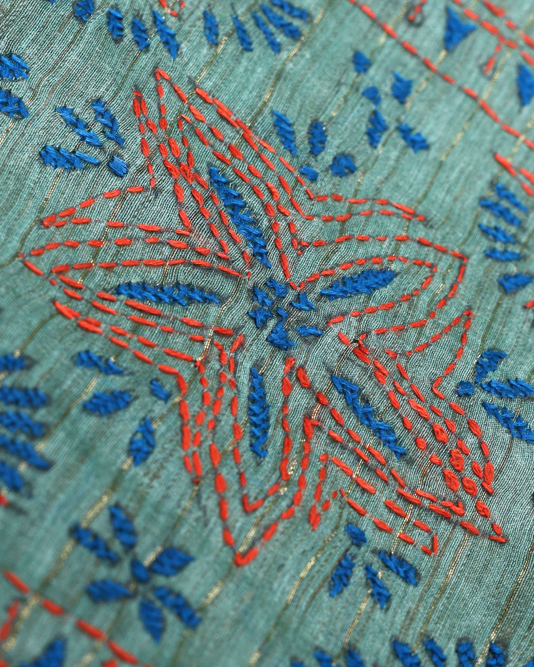 Elegant Kantha Hand Embroidered Saree with Intricate Geometric Motif and Contrast Border - Green