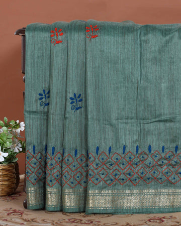 Elegant Kantha Hand Embroidered Saree with Intricate Geometric Motif and Contrast Border - Green