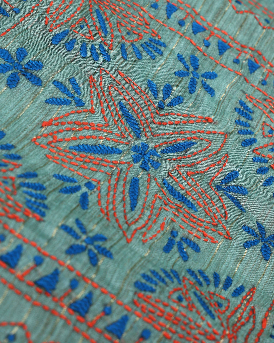 Elegant Kantha Hand Embroidered Saree with Intricate Geometric Motif and Contrast Border - Green