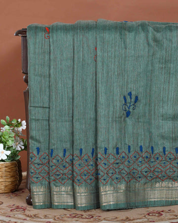 Elegant Kantha Hand Embroidered Saree with Intricate Geometric Motif and Contrast Border - Green