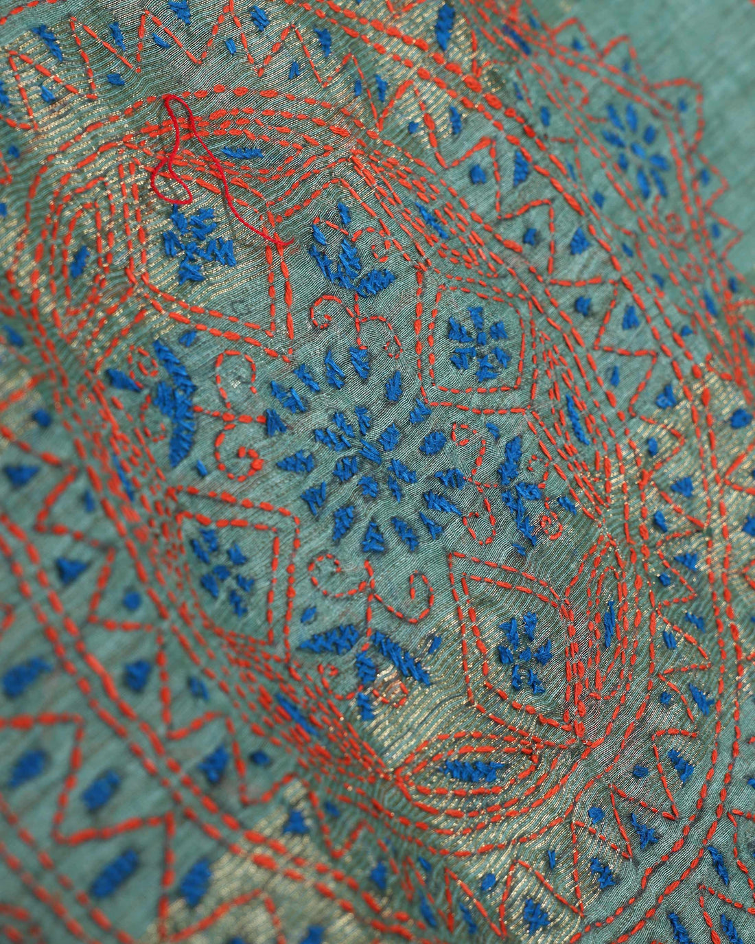 Elegant Kantha Hand Embroidered Saree with Intricate Geometric Motif and Contrast Border - Green