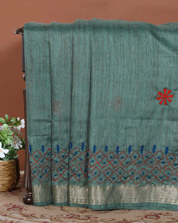 Elegant Kantha Hand Embroidered Saree with Intricate Geometric Motif and Contrast Border - Green