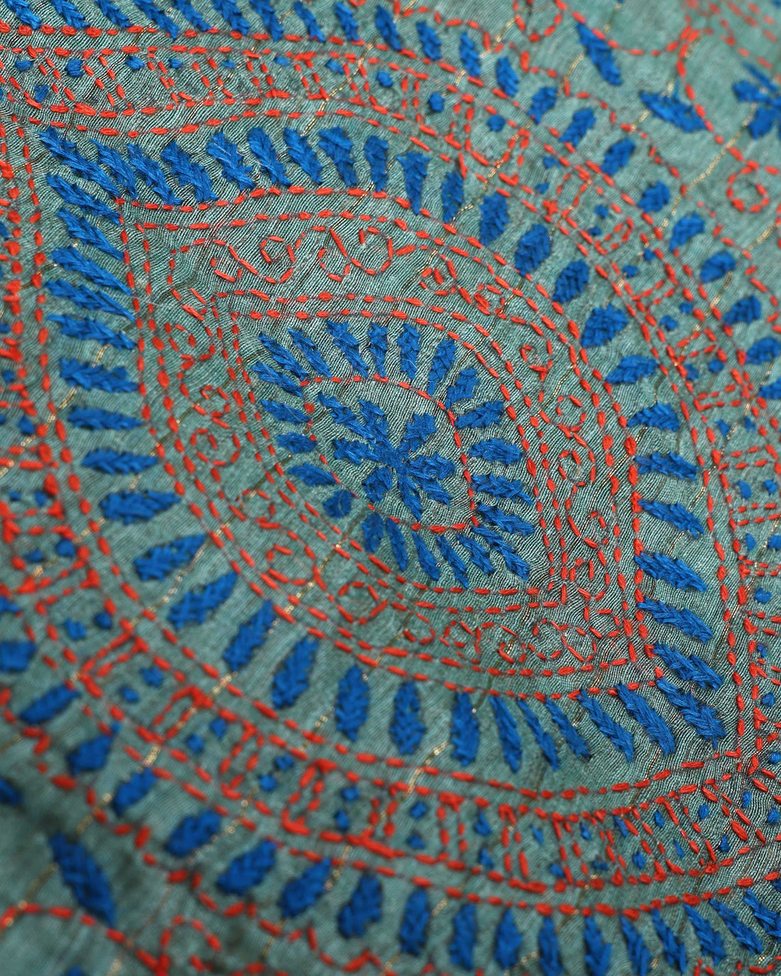 Elegant Kantha Hand Embroidered Saree with Intricate Geometric Motif and Contrast Border - Green