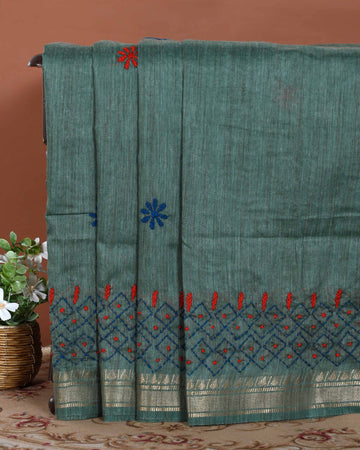 Elegant Kantha Hand Embroidered Saree with Intricate Geometric Motif and Contrast Border - Green