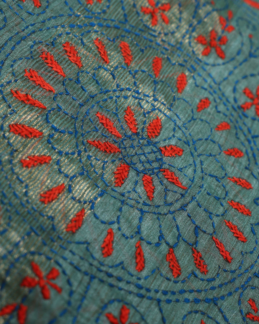 Elegant Kantha Hand Embroidered Saree with Intricate Geometric Motif and Contrast Border - Green