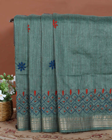 Elegant Kantha Hand Embroidered Saree with Intricate Geometric Motif and Contrast Border - Green