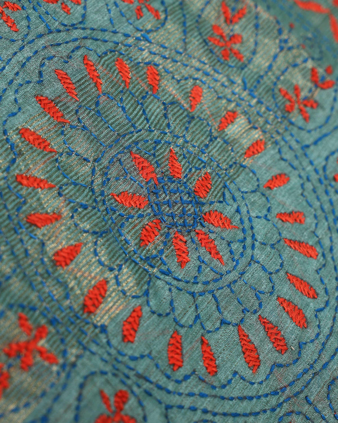 Elegant Kantha Hand Embroidered Saree with Intricate Geometric Motif and Contrast Border - Green