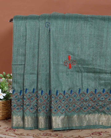 Elegant Kantha Hand Embroidered Saree with Intricate Geometric Motif and Contrast Border - Green