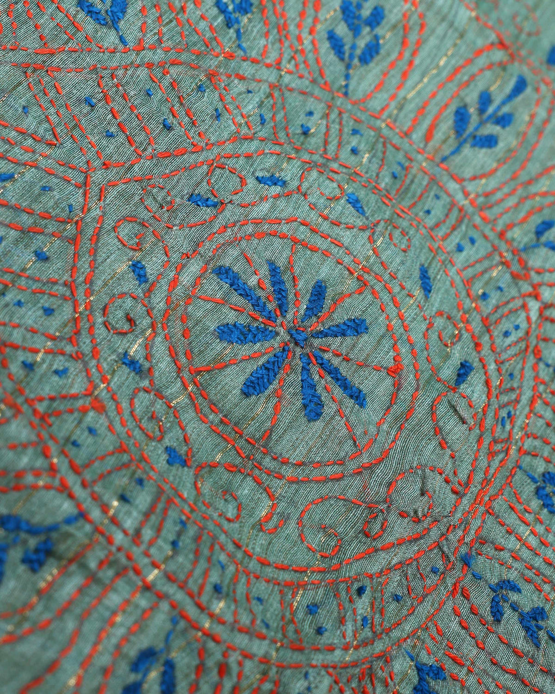 Elegant Kantha Hand Embroidered Saree with Intricate Geometric Motif and Contrast Border - Green