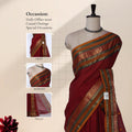 Chettinad cotton saree with striped body peacock zari woven border maroon tone front draped mannequin view.