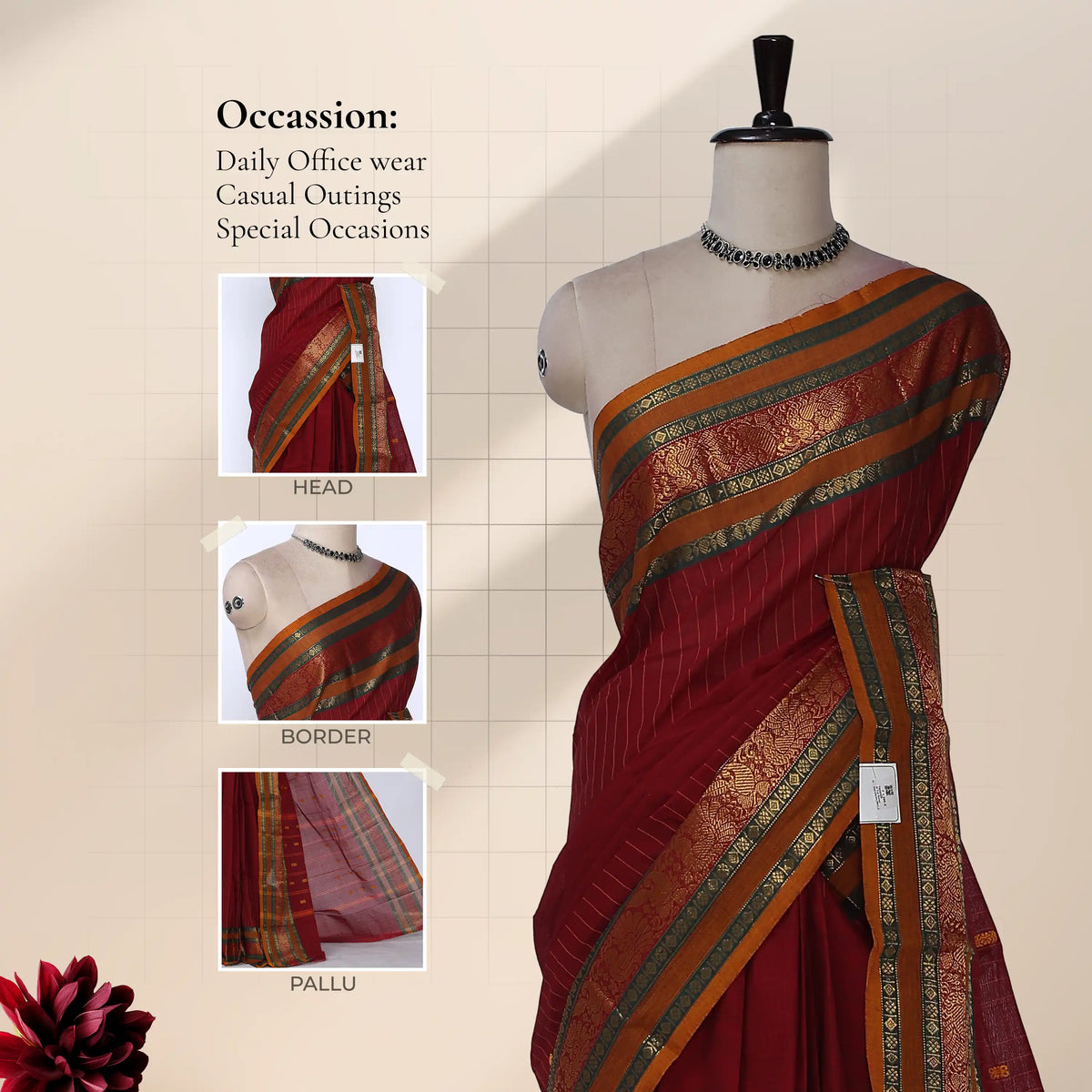 Chettinad cotton saree with striped body peacock zari woven border maroon tone front draped mannequin view.