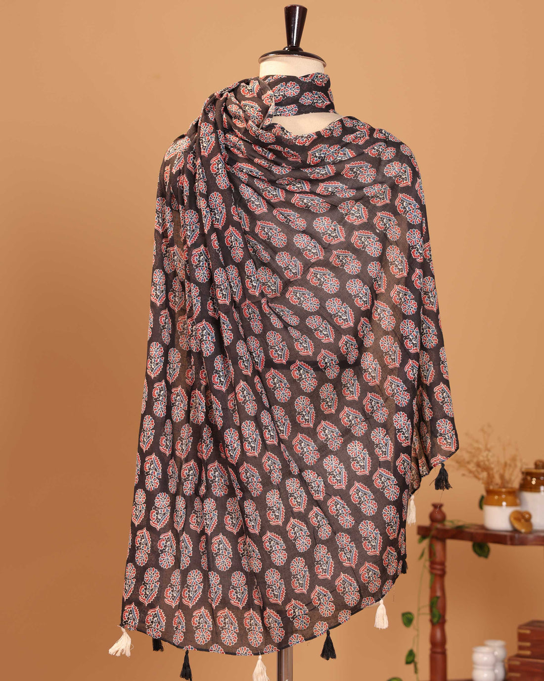 Traditional Ajrakh Motif Women's Stole - Black