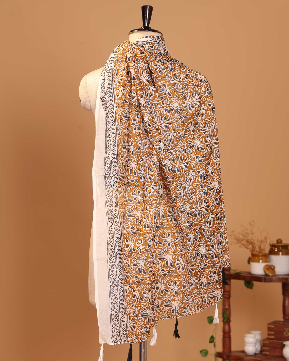 Traditional Floral Motif Women's Stole - Mustard