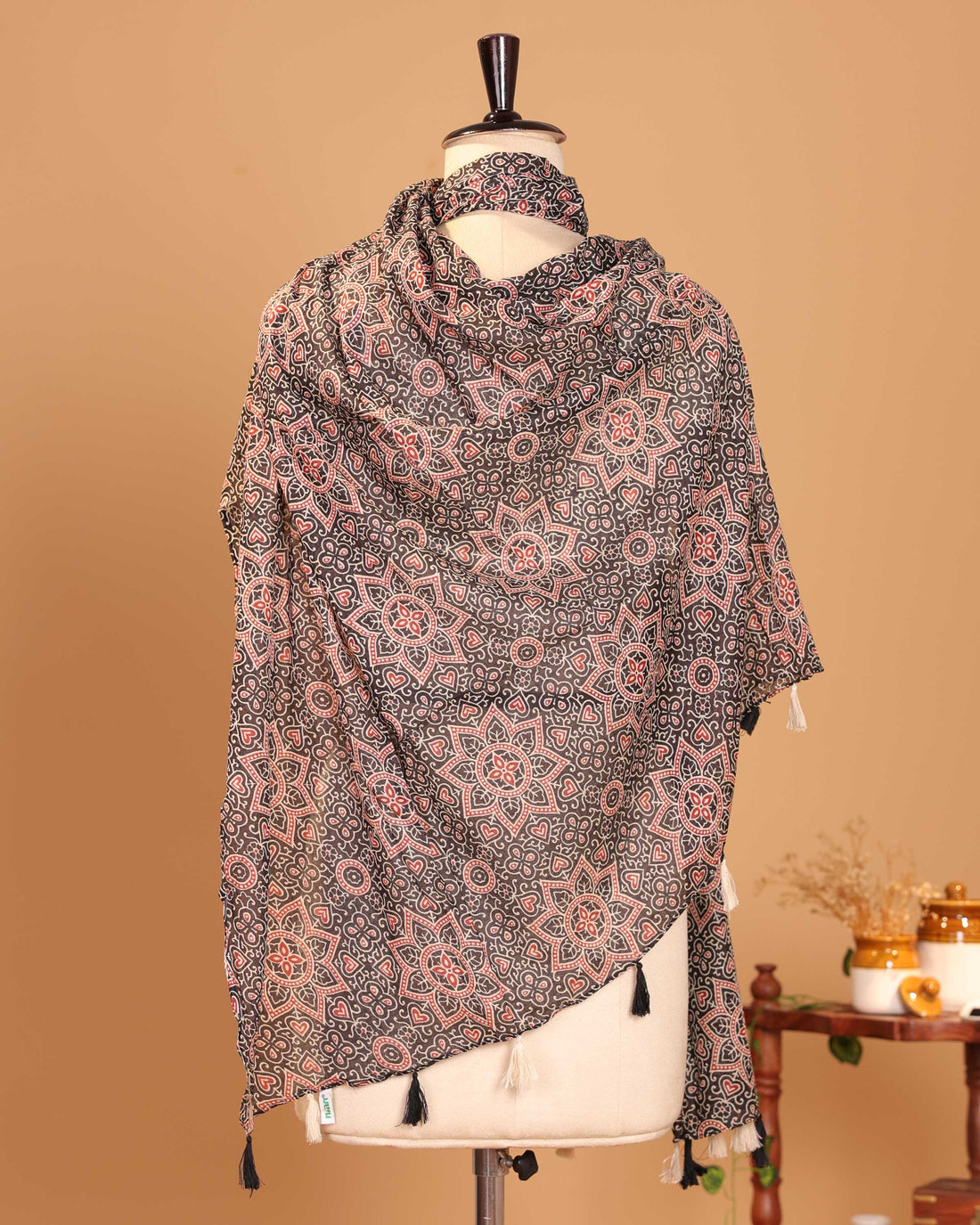 Traditional Ajrakh Floral Printed Women's Stole - Black