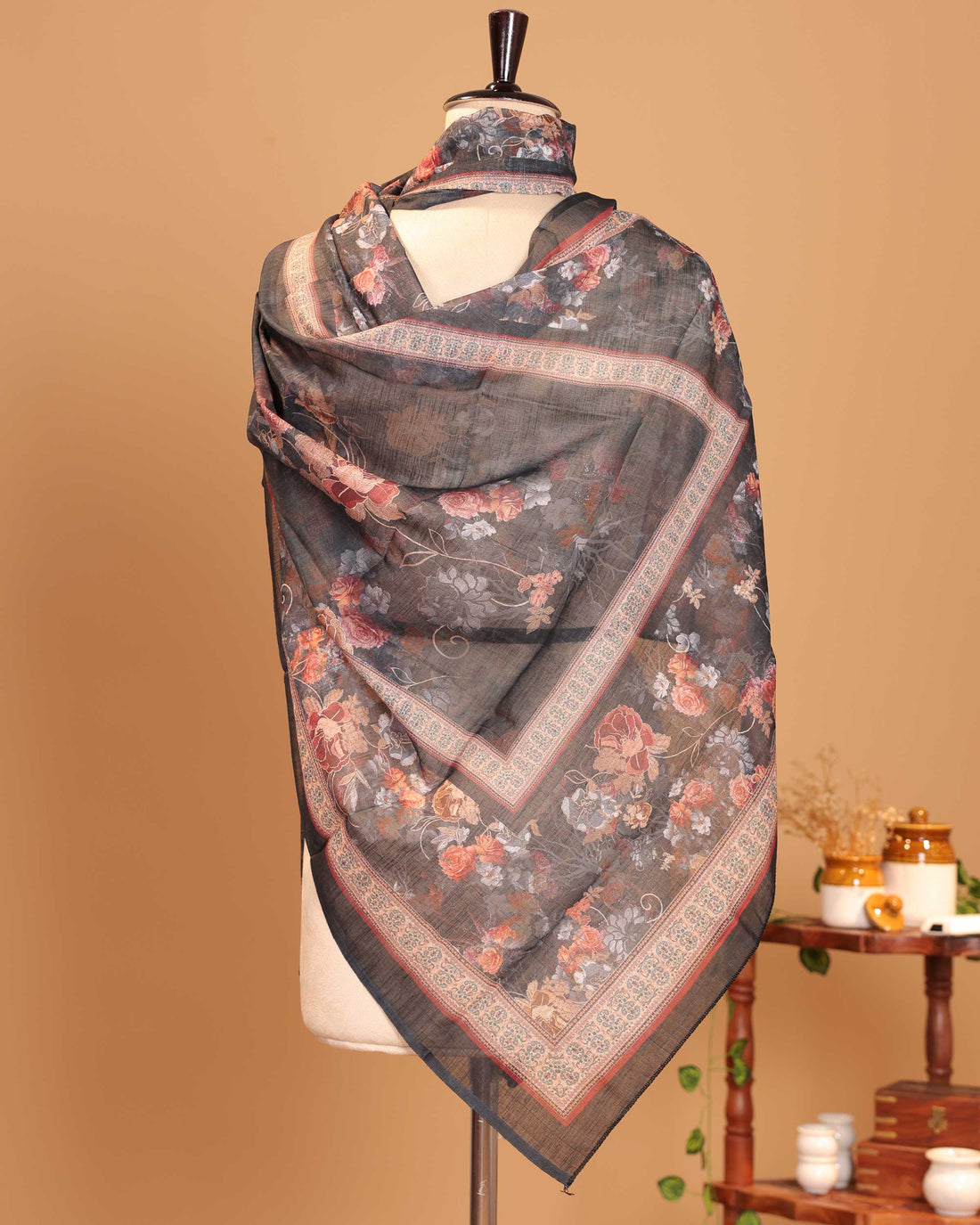 Traditional Digital Printed Floral Women's Stole - Black