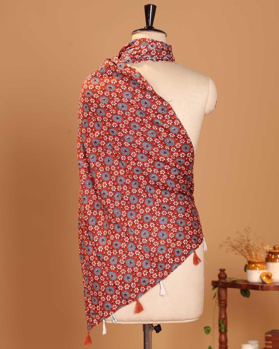 Traditional Floral Inspired Ajrakh Women's Stole - Red