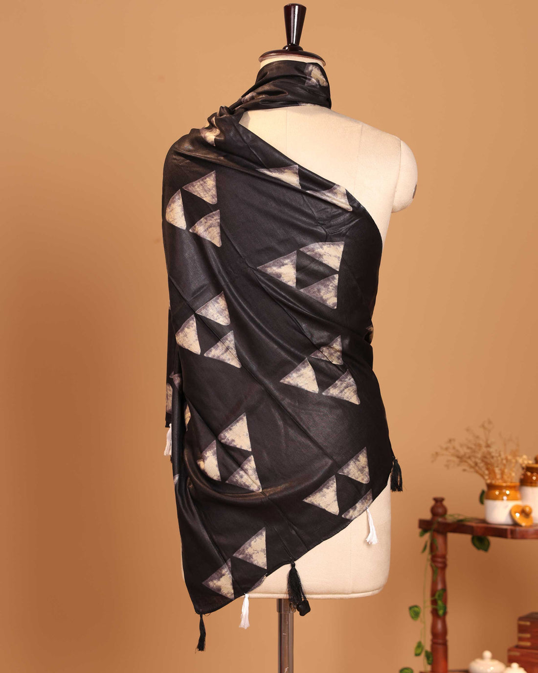 Elegant Women’s Printed Dupatta with Modern Geometric Triangle Pattern and Handcrafted Tassel Finish - Black
