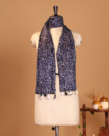 Elegant Women’s Printed Dupatta with Delicate Floral Line Motifs and Decorative Tassel - Navy