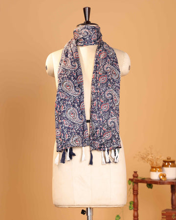 Elegant Women’s Dupatta with All Over Paisley Print Intricate Traditional Motifs and Decorative Tasselled Ends - Navy Blue