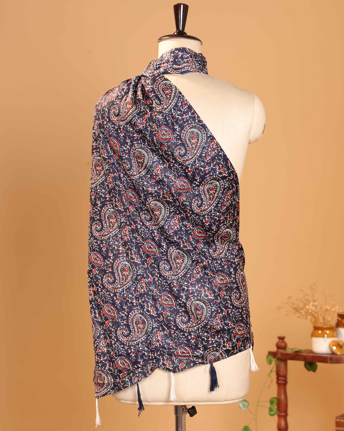 Elegant Women’s Dupatta with All Over Paisley Print Intricate Traditional Motifs and Decorative Tasselled Ends - Navy Blue