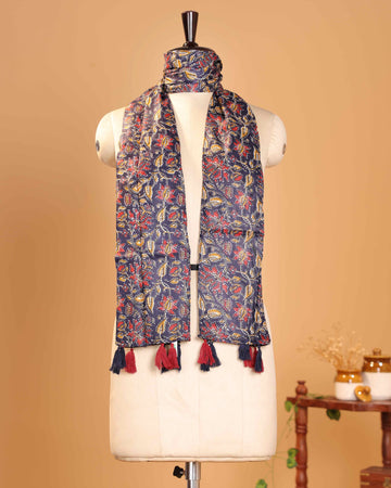 Elegant Women’s Dupatta with Floral Vine Motifs and Decorative Tasselled Ends - Navy Blue