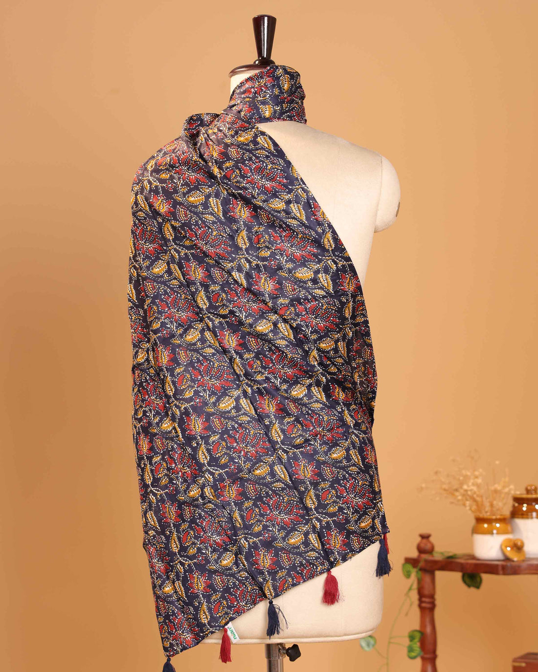 Elegant Women’s Dupatta with Floral Vine Motifs and Decorative Tasselled Ends - Navy Blue