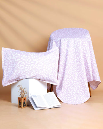 Floral Leaf Print Bed Cover with Matching Pillow Cover Set - Lavender