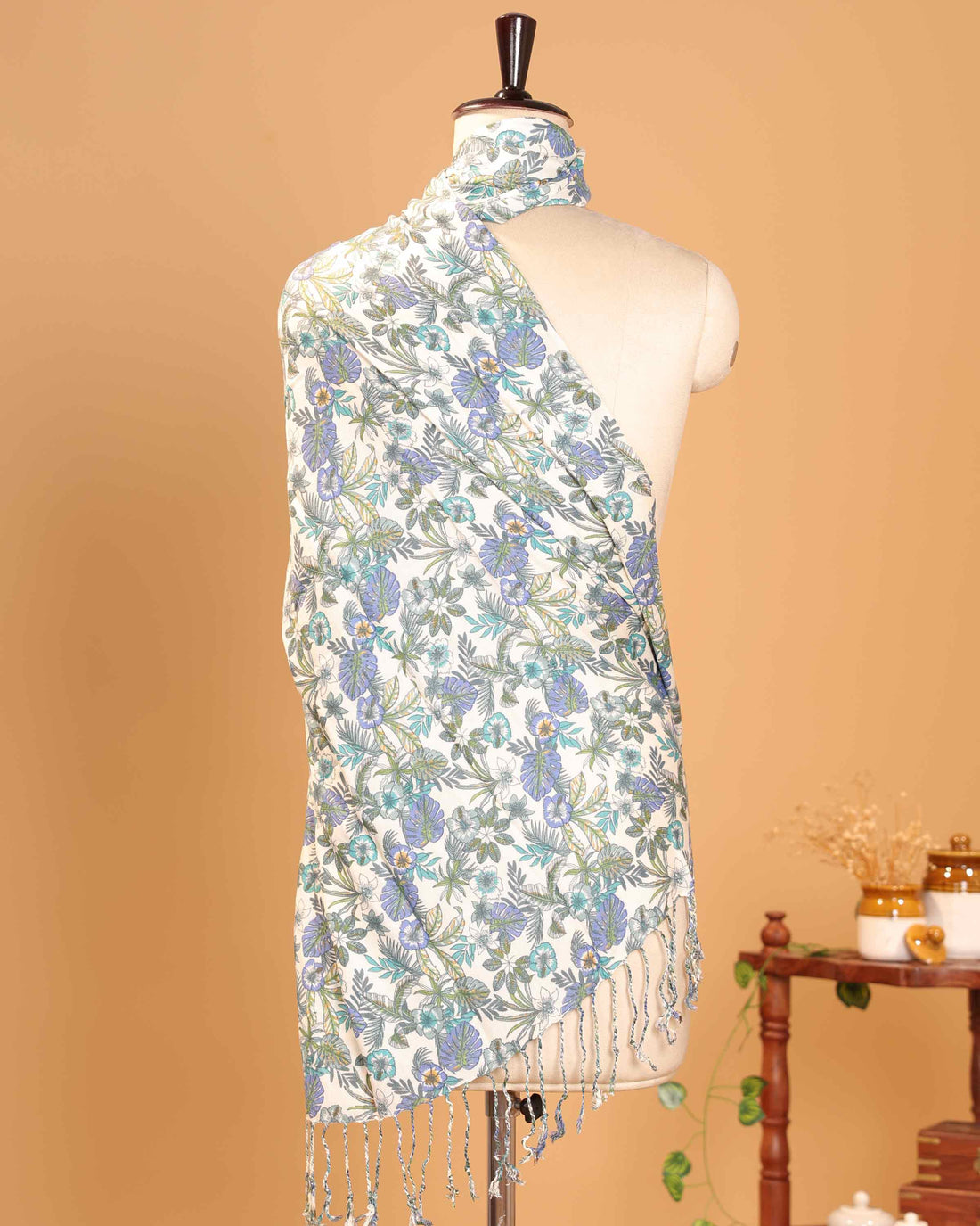 Elegant Women’s Dupatta with All Over Botanical Floral Print and Tassel Finish - Cream