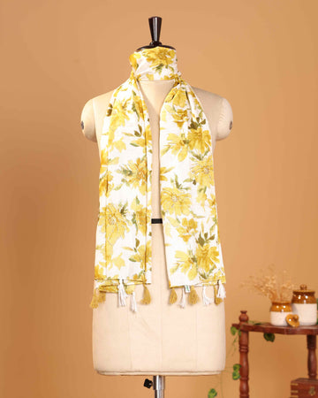 Elegant Women’s Floral Printed Dupatta with Handcrafted Tassel Ends - Cream
