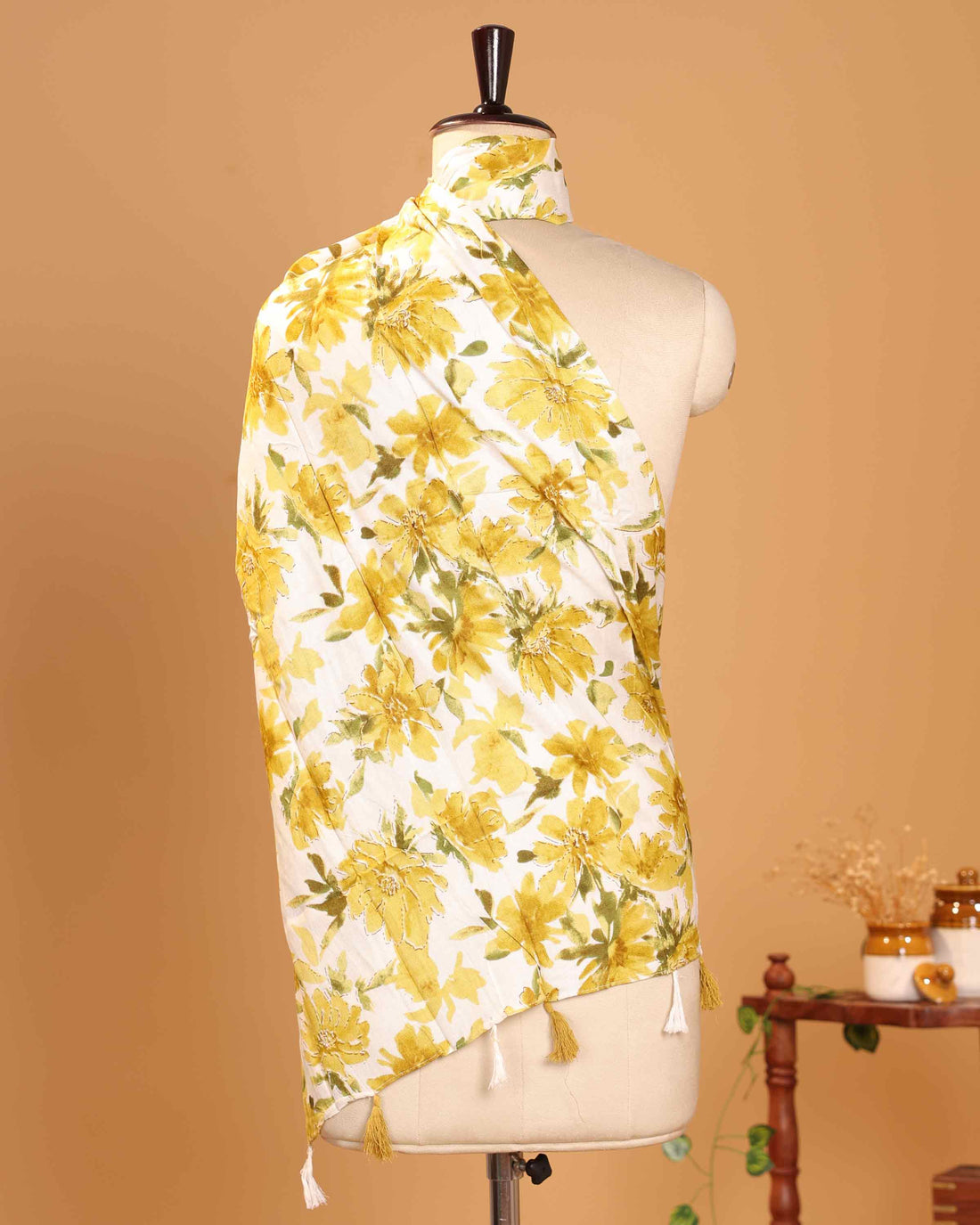 Elegant Women’s Floral Printed Dupatta with Handcrafted Tassel Ends - Cream